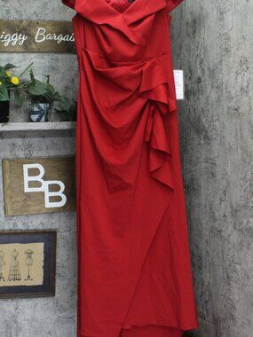 Xscape Red Plus Long Off The Shoulder Scuba Crepe Dress Gown 16W Sz LONG